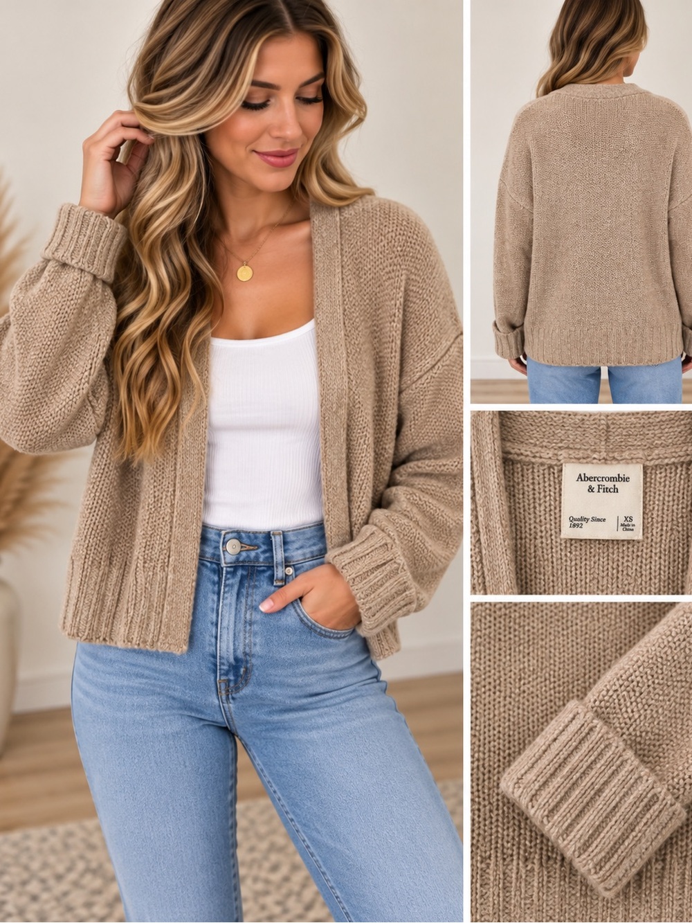 Abercrombie & Fitch Taupe Open-Front Chunky Knit Cardigan